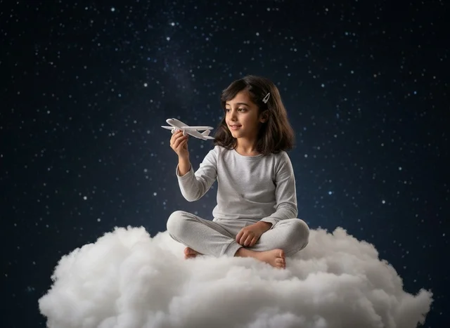 Arab Girl Sitting on Cloud Holding Toy Airplane