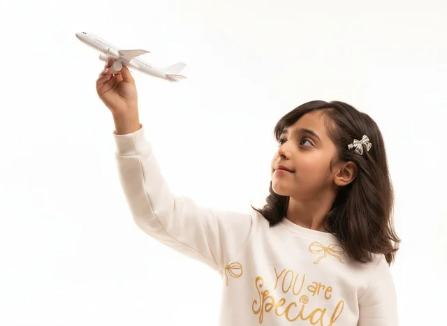Saudi Girl Holding Model Airplane on White Background