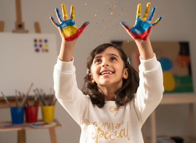 Happy Saudi Girl Hand Painting in Art Studio
