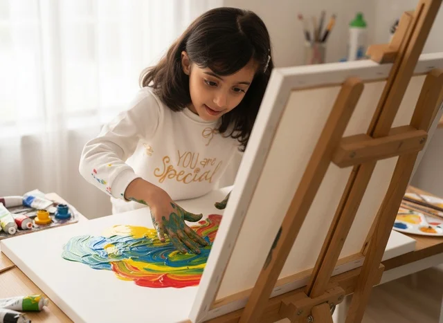 Arab Girl Finger Painting on Canvas at Home Arab Girl Finger Painting on Canvas at Home