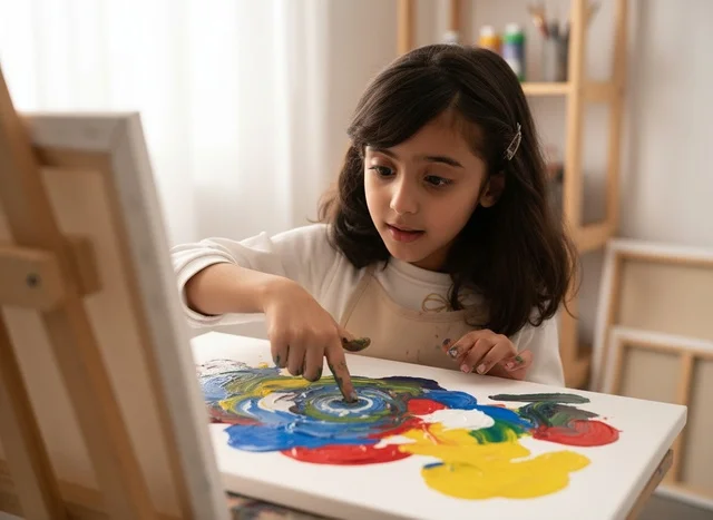 طفلة عربية ترسم بالأصابع على لوحة قماشية في المرسم
