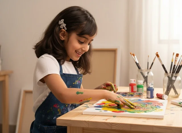 طفلة سعودية صغيرة ترسم بأصابعها على لوحة فنية في المنزل طفلة سعودية صغيرة ترسم بأصابعها على لوحة فنية في المنزل