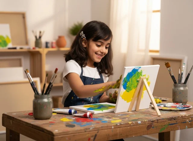 طفلة عربية ترسم بالألوان على لوحة في المرسم