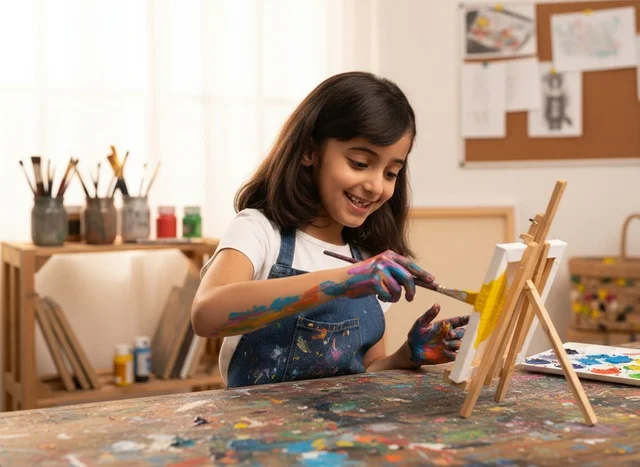 Saudi Girl Painting on Canvas in Art Studio
