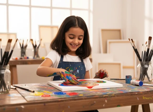 طفلة سعودية ترسم في مرسم فني