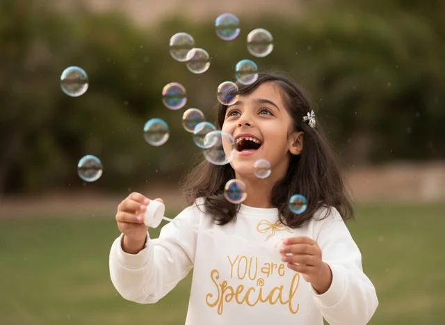 Arab Girl Playing with Bubbles in Outdoor Park