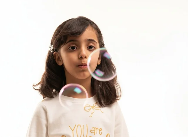 Saudi Arab Girl Playing with Bubbles on White Background