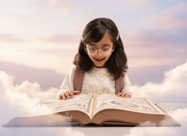 Saudi Girl Reading Large Book in Dreamlike Sky