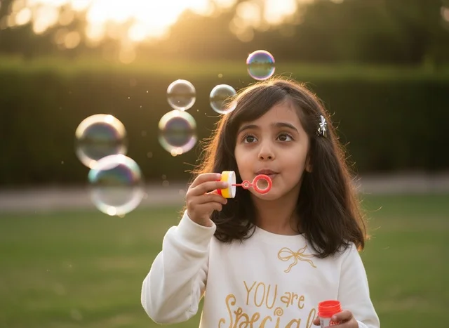 Saudi Girl Blowing Soap Bubbles in Park at Sunset