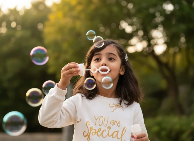 Saudi Girl Blowing Soap Bubbles in Outdoor Garden