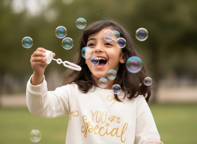 Saudi Girl Playing with Bubbles in Outdoor Park