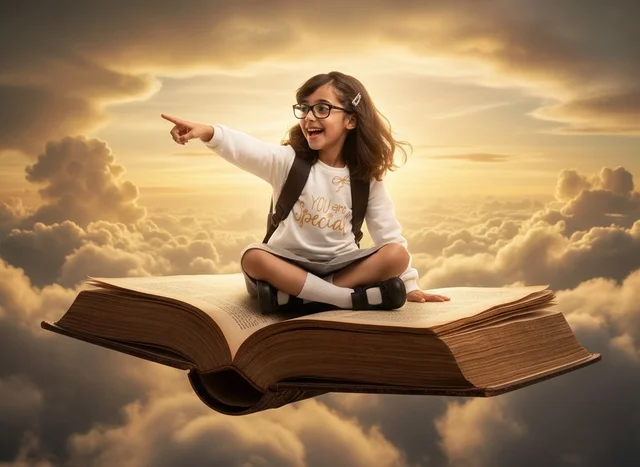 Arab Schoolgirl on Flying Book in Clouds