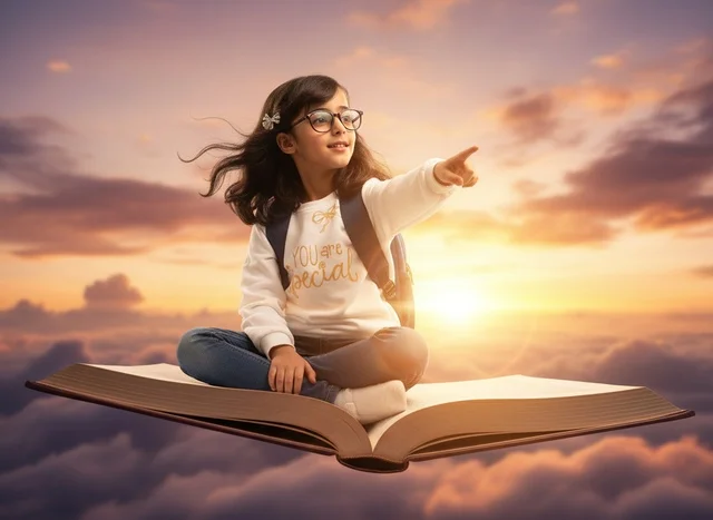Arab Schoolgirl Flying on Giant Book at Sunset