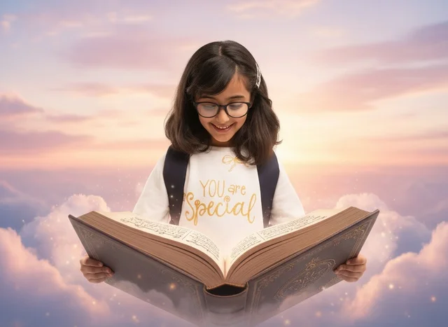 Arab Girl Reading Large Glowing Book in Fantasy Clouds