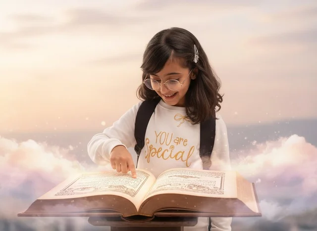 Saudi Girl Reading Glowing Book with Fantasy Background