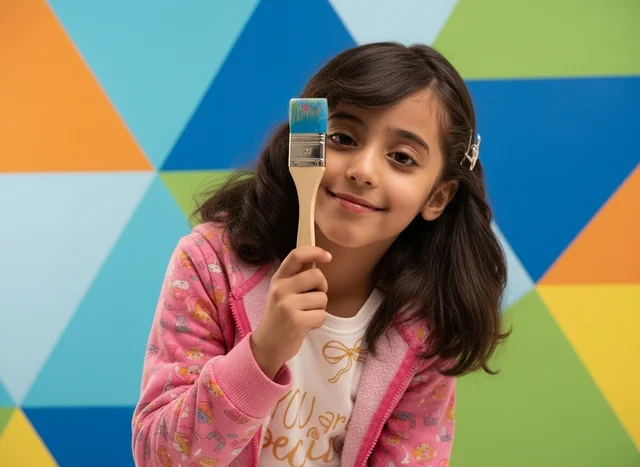 Saudi Girl Holding Paintbrush against Colorful Wall