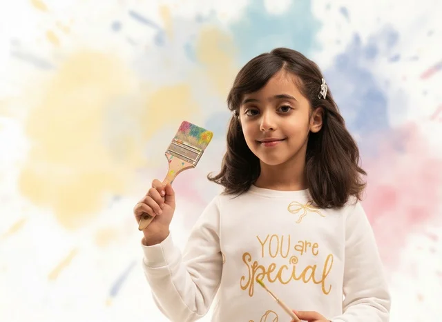 Saudi Girl Holding Paintbrush with Watercolor Background