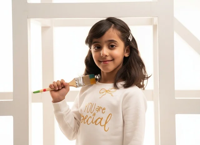 Saudi Girl Holding Paintbrush in White Studio