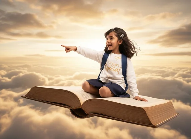 Arab Girl Flying on Giant Book in Golden Sky