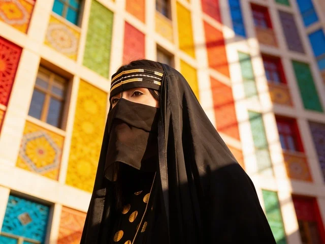 An Emirati woman in traditional burqa and black abaya.