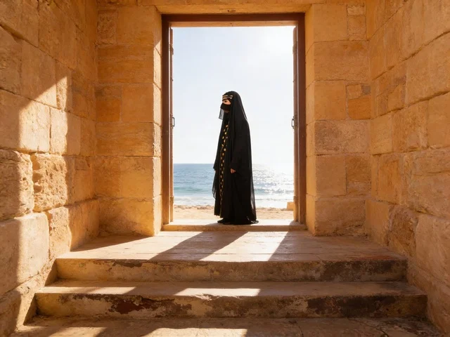 An Emirati woman in traditional abaya at a heritage site.