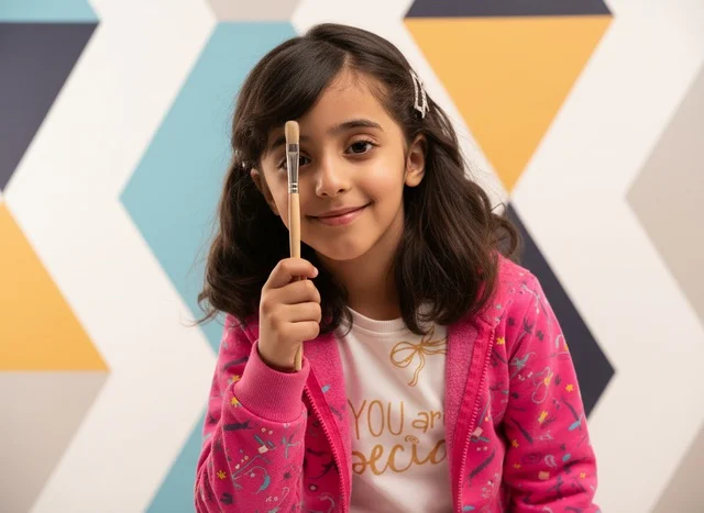 Saudi Girl Holding Paintbrush Against Geometric Wall