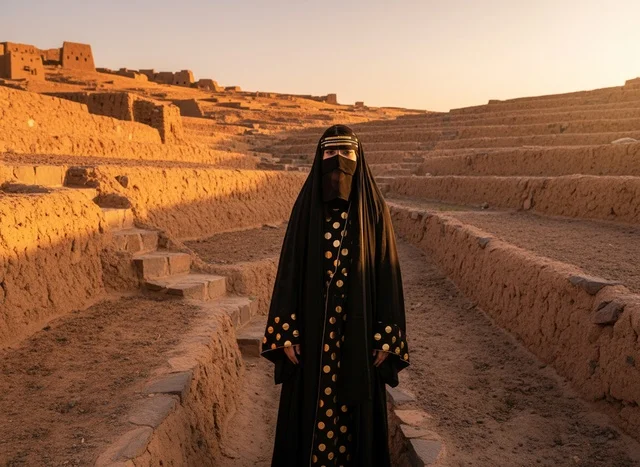امرأة سعودية بالزي التقليدي في موقع تراثي قديم
