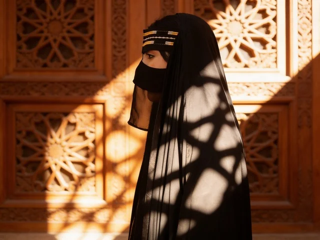 Emirati Woman in Niqab and Abaya with Geometric Shadows