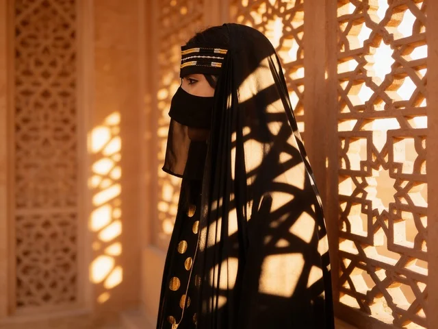 امرأة إماراتية بالنقاب والعباءة مع ظلال هندسية