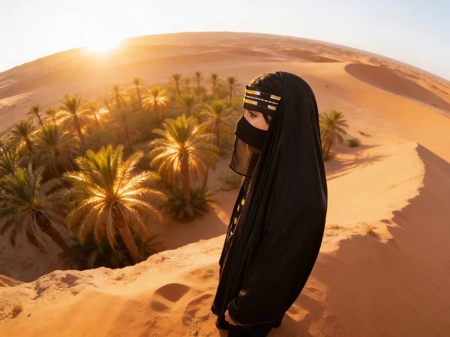 امرأة إماراتية بالزي التقليدي في واحة صحراوية