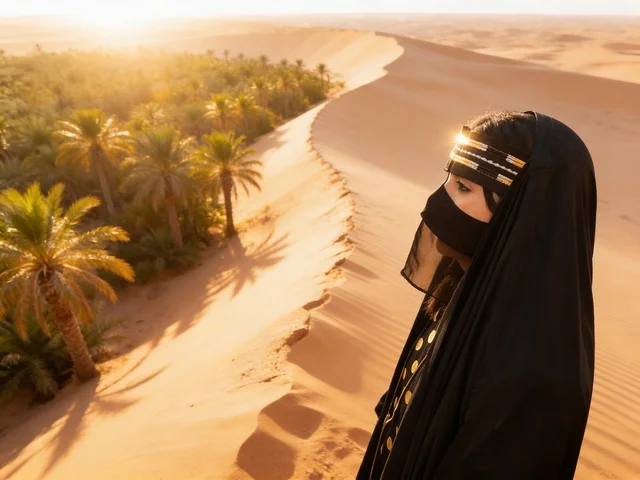 An Emirati woman in traditional attire in a desert oasis. An Emirati woman in traditional attire in a desert oasis.