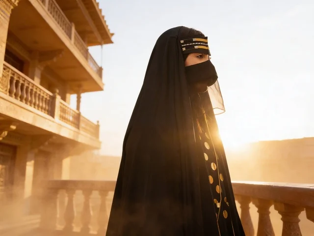 An Emirati woman in traditional burqa during the golden sunset.
