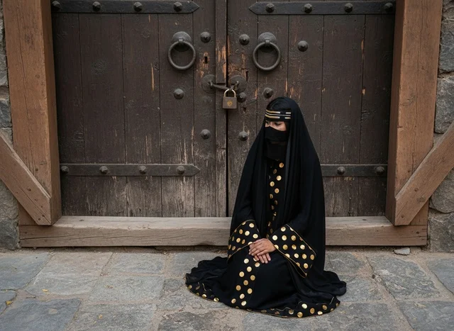 A Saudi woman in traditional attire in front of a heritage door.