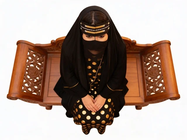 An Emirati woman in traditional abaya and niqab.