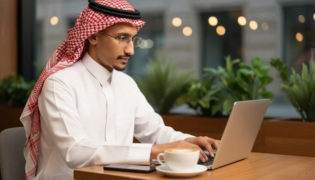 رجل سعودي يعمل على الكمبيوتر المحمول في مقهى