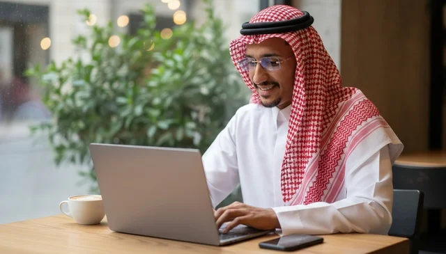 Saudi Man Working on Laptop in Modern Cafe