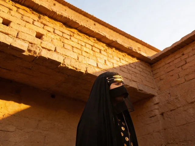 A Saudi woman in traditional attire at an ancient heritage site.