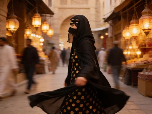 امرأة سعودية بالعباءة التقليدية في سوق عربي ليلي