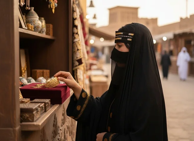 A Saudi woman in traditional abaya at an Arab night market.