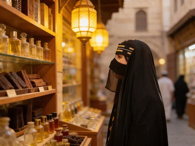 A Saudi woman in traditional abaya at an Arab night market.