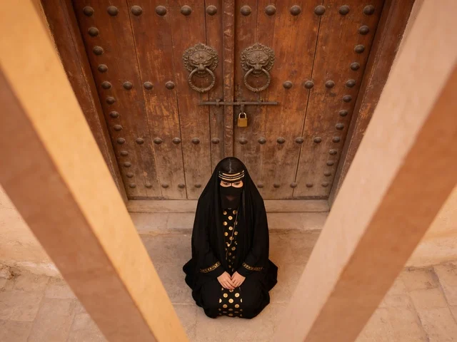 امرأة سعودية بالزي التقليدي أمام باب تراثي