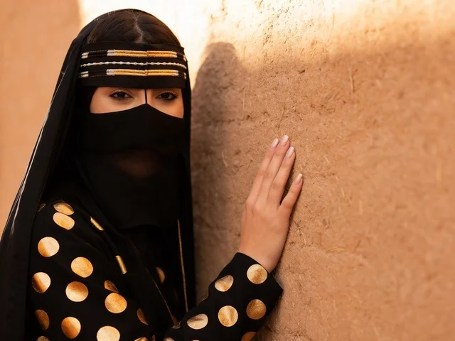 امرأة سعودية بالنقاب التقليدي أمام جدار طيني تراثي امرأة سعودية بالنقاب التقليدي أمام جدار طيني تراثي