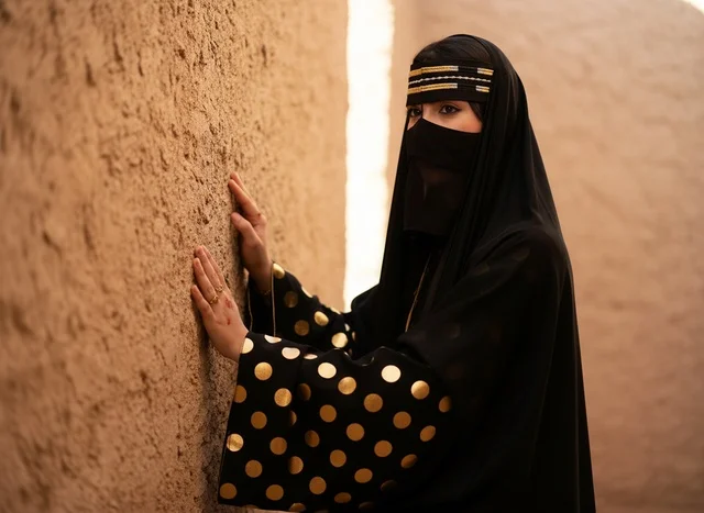 Saudi Woman in Traditional Niqab by Heritage Mud Wall