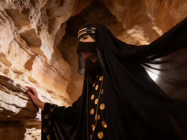 امرأة سعودية بالعباءة والبرقع التقليدي داخل كهف صحراوي