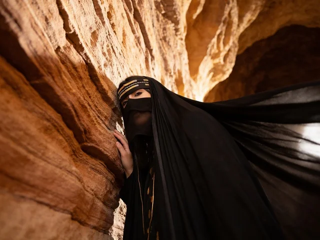 امرأة سعودية بالعباءة والبرقع التقليدي داخل كهف صحراوي