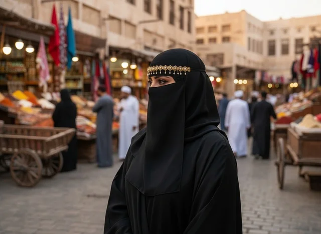 A Saudi woman in traditional abaya at an Arab night market.