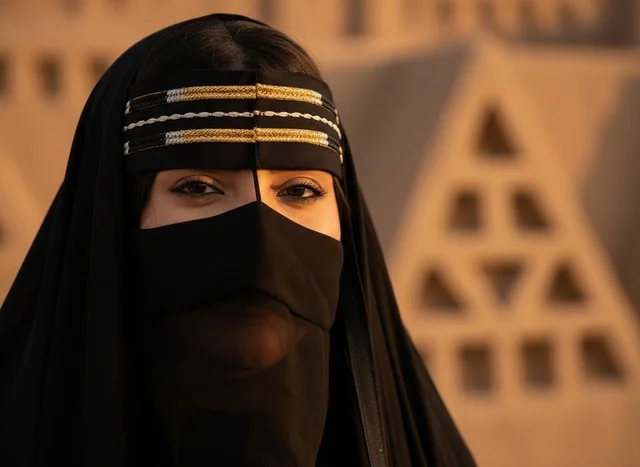 امرأة سعودية بالزي الشعبي النجدي والبرقع الأسود