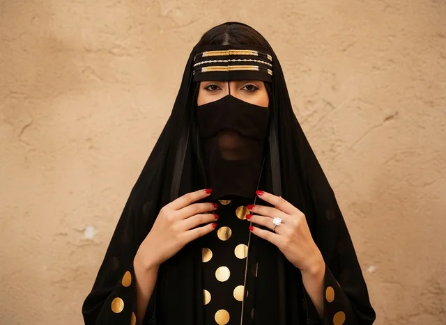 A Saudi woman in traditional Najdi attire and a black niqab.