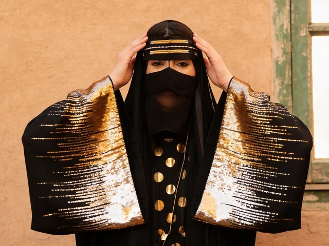 A Saudi woman in traditional Najdi attire and a black niqab.
