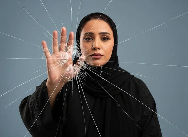 امرأة سعودية بالعباءة خلف زجاج محطم